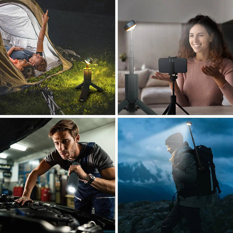 Collage of Go-To Telescopic Camping Lights With Storage Bag, 10500mAh Rechargeable Outdoor Lantern For Camping, Hiking, And Emergencies
