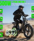 Rider on High Power 1500W Peak Fat Tire Electric Bike For Adults With All Terrain Tires Great For Road Sand Snow 60 Mile Range 48V 15Ah Battery UL 2849 Safety Tested Easy To Ride Off Road Dirt Bike, showing desert terrain capability.