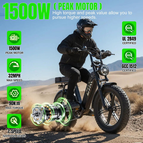 Rider on High Power 1500W Peak Fat Tire Electric Bike For Adults With All Terrain Tires Great For Road Sand Snow 60 Mile Range 48V 15Ah Battery UL 2849 Safety Tested Easy To Ride Off Road Dirt Bike, showing desert terrain capability.