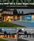 Professional Grade 4MP Wireless Outdoor Security Camera System With Solar Panel And Dual Band Wifi capturing color and infrared night vision.