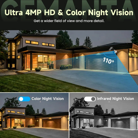 Professional Grade 4MP Wireless Outdoor Security Camera System With Solar Panel And Dual Band Wifi capturing color and infrared night vision.