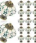 Top Tier Ivory Ceramic Pumpkin Cabinet Knobs Set Of 16 For Kitchen Drawers And Bedroom Furniture With Cute Green Floral Details And Classic Vintage Vibe For Easy Home Makeovers, detailed view of knobs.