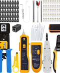 Pro Grade RJ45 Cat6 Crimp Tool Set With Pass Through Connectors For Ethernet Cabling, includes tools, cable ties, and case.