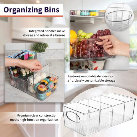 Low Maintenance Pantry Organizers And Kitchen Storage Bins With Split Dividers Keep Your Fridge Chill And Counter Cleared For Snacks And Bulk Goods Two Piece Set, clear plastic bins with built-in handles.