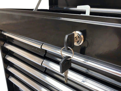 Close-up of Beefy Portable 9 Drawer Tool Chest In Steel Black With Ball Bearing Drawer Slides Central Lock shown in use
