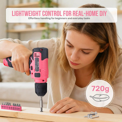 Woman using Pink 8V Cordless Drill Set And Tool Kit For Women Lightweight Rechargeable Power Drill Driver With Starter Tools