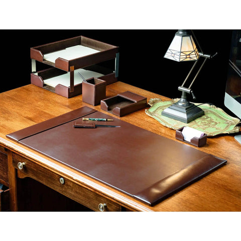 Dark Brown Bonded Leather 8 Piece Desk Accessory Set For Office Organization And Executive Decor With Scratch Resistant Velveteen Backed Blotter And Premium Leather Tray For That Boss Vibe displayed on a wooden desk.