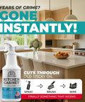Kitchen Cabinet Cleaner Kit With Brush Knock Out Stubborn Grease And Grime On Wood And Painted Furniture Gentle Residue Free Degreaser Spray on kitchen counter.