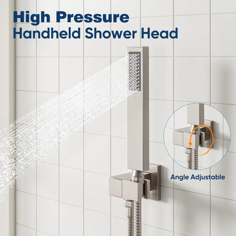 Ceiling Shower System With 10 Inch Rain Shower Head And Handheld Spray, showing adjustable handheld shower in use
