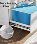 Opened drawer of a white wood lateral file cabinet with rolling drawers, showing adjustable hanging rail for A4 files