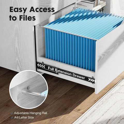 Opened drawer of a white wood lateral file cabinet with rolling drawers, showing adjustable hanging rail for A4 files