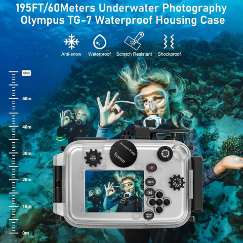 Diver using Underwater Camera Housing For Olympus TG-7 with Wide Angle Lens and Red Filter, IPX8 case, 60m depth, white finish.