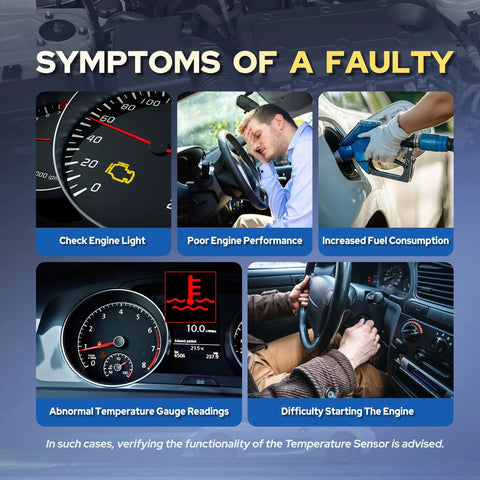 Engine coolant temperature sensor: 5-panel infographic showing symptoms like check engine light and poor performance.