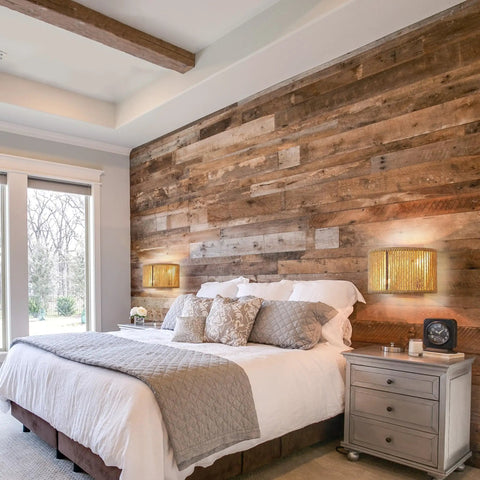 Rattan Wall Sconce Boho Light Fixture Hand Woven Hemp Rope Sconce Lighting in bedroom with rustic wooden wall, warm glow