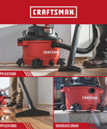 12 Gallon Wet Dry Vacuum With 6.0 Peak HP Motor used for cleaning wet and dry applications with dual flex hose and oversized drain