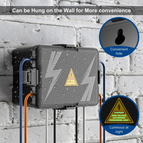 Heavy Duty Outdoor Electrical Junction Box With IP54 Waterproof Shield And Bully Tight Cord Locks For Reliable Extension Cover mounted on wall.