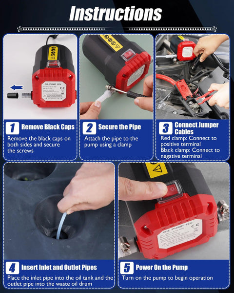 Instruction steps for using 12V 80W Oil Extractor Pump For Spill Free Engine Oil Changes And Fluid Transfer with images
