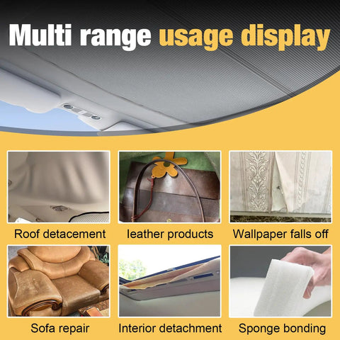 Multi range display of Car Headliner Repair Glue With Brush Flexible Adhesive For Fabric Foam Vinyl Leather Interior Quick Drying Multi Surface Auto Roof Liner Adhesive For Saggy Headliners in various applications.