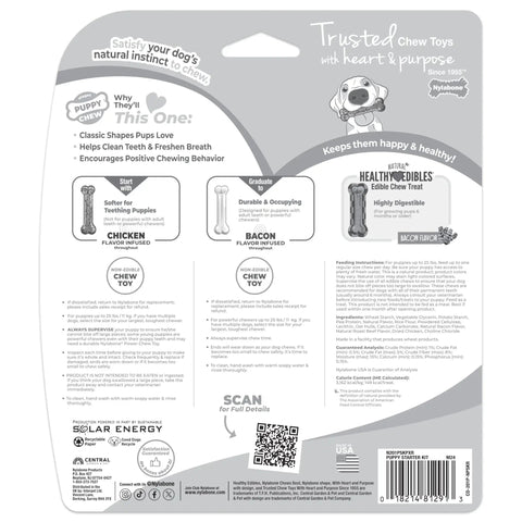 Packaging back of Puppy Teething Starter Kit With 2 Chew Toys And 1 Natural Treat For Puppies Bacon And Chicken Flavor Small Dogs Up To 25 Lbs 3 Pack Helps Establish Healthy Chewing Habits And Teething Friendly Fun