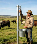 Farmer using Straight Up Heavy Duty Horse Gate Latch With Rust Resistant Nylon Steel Tie Rope for barn fence fastening.
