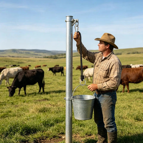 Farmer using Straight Up Heavy Duty Horse Gate Latch With Rust Resistant Nylon Steel Tie Rope for barn fence fastening.