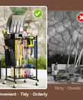Rolling Garden Tool Organizer With Wheels, Beefy Heavy Duty Tool Tower Cart for Garage or Shed, showing tidy storage of tools.