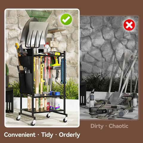 Rolling Garden Tool Organizer With Wheels, Beefy Heavy Duty Tool Tower Cart for Garage or Shed, showing tidy storage of tools.