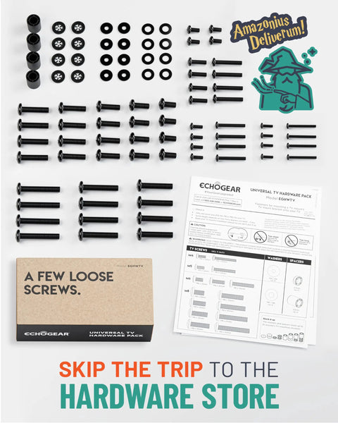 No Sweat Universal TV Mount Hardware Kit With M4 M5 M6 M8 Screws And Spacers For Flat Screens Up To 80 Inches complete set with screws and instructions.
