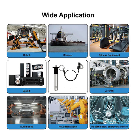 Image showing various applications of Heavy Duty 304 Stainless Steel Quick Release Ball Lock Pin With Push Button in different industries.