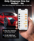 2026 Upgraded Bluetooth OBD2 Scanner And Code Reader For All System Scanning And Stress Free Engine Light Fixes To Keep Your Whip Running Smooth And Make Auto Repair A Breeze Without The Headache, showing phone app with car model options nearby.