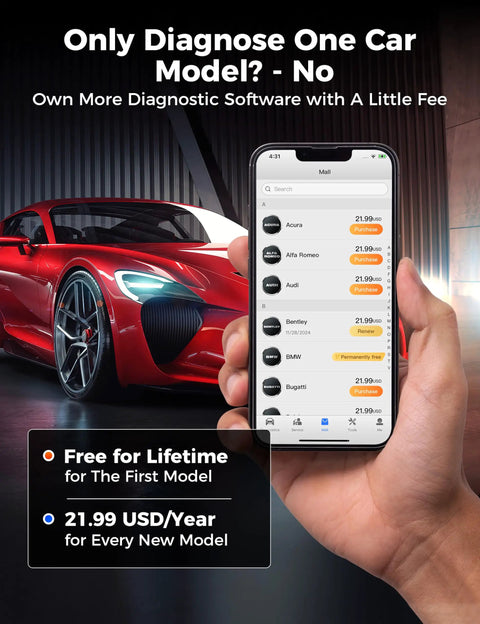2026 Upgraded Bluetooth OBD2 Scanner And Code Reader For All System Scanning And Stress Free Engine Light Fixes To Keep Your Whip Running Smooth And Make Auto Repair A Breeze Without The Headache, showing phone app with car model options nearby.
