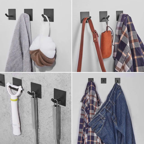 Heavy Duty Self Adhesive Hooks For Wall No Drill Install Peel And Stick Hangers Stainless Steel Strong Load For Kitchen Bathroom Door Towels Keys Coats Robes 3M Adhesive 4 Pack Black holding various items