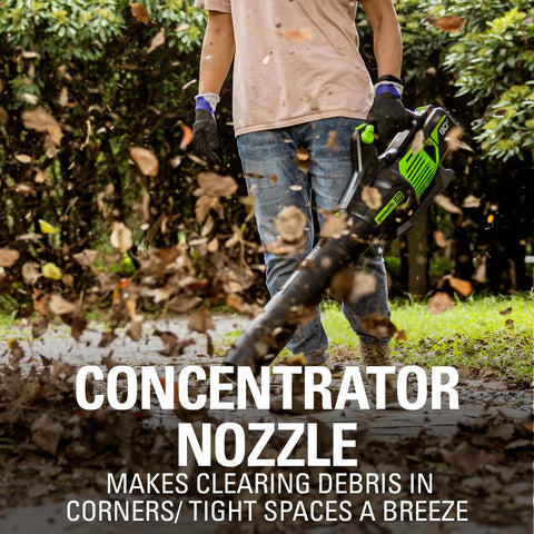 Heavy Hitter 80V Electric Leaf Blower With Brushless Motor, 730 CFM Airflow And 170 MPH Gust clearing leaves in garden.