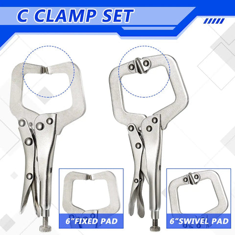 Four Piece Locking C Clamp Set With Fixed And Swivel Pads, 6 Inch Dual Pad, 9 Inch And 11 Inch Welding Clamps for metalworking.