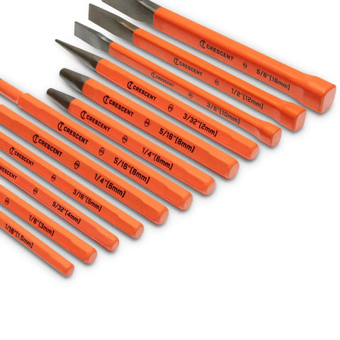 Extended Length Punch and Chisel Set for Metalworking and Carpentry, Pro Grade 12 Piece With Striking Cap, high visibility color coding.