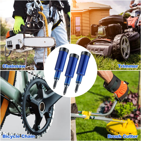 Three Pack Chainsaw Grease Gun Set, Preloaded Mini Grease Guns For Bars And Sprockets, Transparent Chamber Lets You See Grease Level, Easy Lubing, Reduces Wear, Improves Performance, Ready To Use. Blue 3-pack for chainsaw, trimmer, bicycle chain, and brush cutter