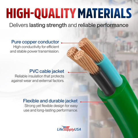 Cross-section of green Fifty Foot Tough As Nails Heavy Duty Indoor Outdoor Extension Cord 10 3 showcasing copper wires and PVC jacket