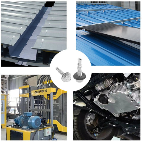 Heavy Duty Number 10 X 1 Inch Self Drilling Screws With Rainproof EPDM Washers For Metal Roofs And Fences shown on roofs and machinery.