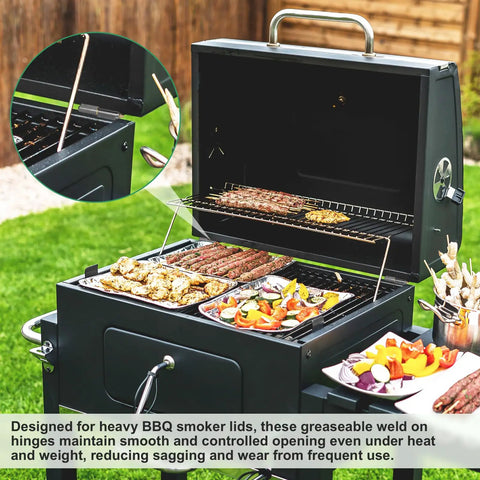 Heavy Duty 4 Pack 3 Inch Weld On Hinges Bullet Barrel Carbon Steel Hinges With Grease Fitting Built Like A Tank For BBQ Smokers, close-up view on grill.