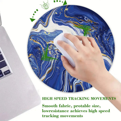 Using a luxury blue gold marble round mouse pad with non slip rubber base and stitched edge for smooth glide tracking