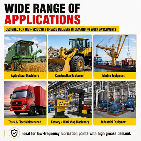Wide range of applications for Beefed Up Heavy Duty Fifty To One Air Operated Grease Pump with Sixteen Foot Hose