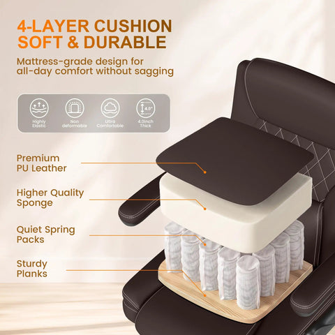 4-layer cushion of Premium Mid Back Leather Executive Office Chair Featuring Ergonomic Lumbar Support And Flip Up Armrests.