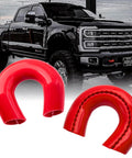 Ford Super Duty Red Tow Hook Covers for F250 F350 F450 2017 Through 2026 Easy Install Tow Hitch Cover Kit shown with truck