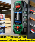 All In One Wall Scanner With Laser Measure And Level 10 In 1 Detects Studs Pipes Wires Metals Behind Walls Fast Edge And Center Marking Made Easy Plus Accurate Angle Meter For DIYers wall scanner showing metal mode, rebar ≤120mm and hole marking