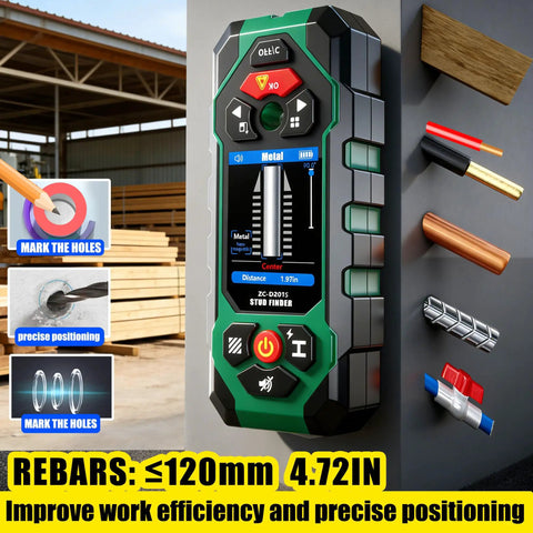 All In One Wall Scanner With Laser Measure And Level 10 In 1 Detects Studs Pipes Wires Metals Behind Walls Fast Edge And Center Marking Made Easy Plus Accurate Angle Meter For DIYers wall scanner showing metal mode, rebar ≤120mm and hole marking