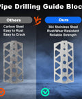 Comparison of 304 stainless steel handheld pipe drill jig vs carbon steel, highlighting rust resistance and strength for precise holes.