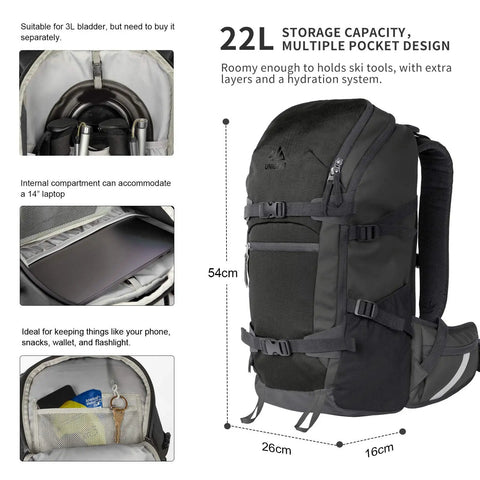 Close-up of 22L Ski And Snowboard Backpack Waterproof Travel Pack with Tough 900D Polyester, featuring multiple compartments for organization.