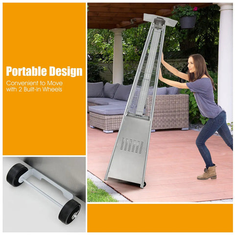 Woman adjusting 42,000 BTU Pyramid Propane Patio Heater With Dancing Flame, Hammered Stainless Steel Freestanding Deck Heater