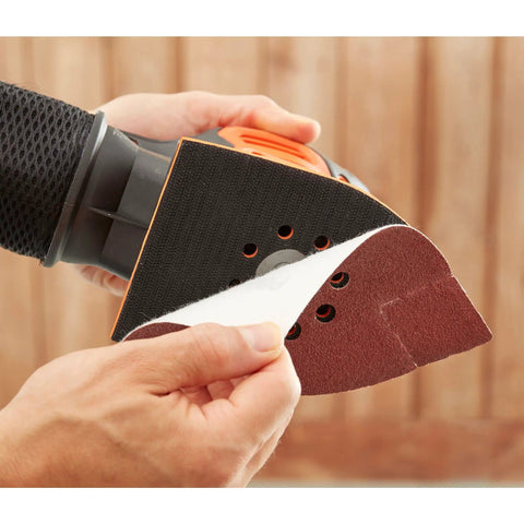 Close-up of hand attaching sanding pad to Pick Up This Bad Boy Heavy Duty Multi Sander With 200 Watt Motor, 4 In 1 Orbital And Finger Sanding Heads.