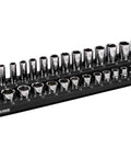 3/8 Inch Metric Magnetic Socket Organizer holds 15 standard and 15 deep sockets, displaying sockets from 6mm to 20mm.